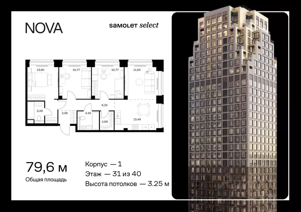 3-к кв. Москва Нова жилой комплекс, к1 (79.61 м) - Фото 0