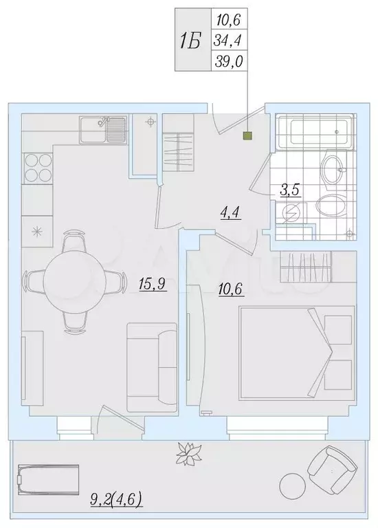 1-к. квартира, 39 м, 7/9 эт. - Фото 0