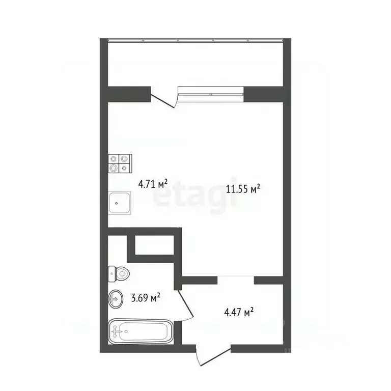 Студия Тюменская область, Тюмень ул. Новоселов, 115 (24.1 м) - Фото 2