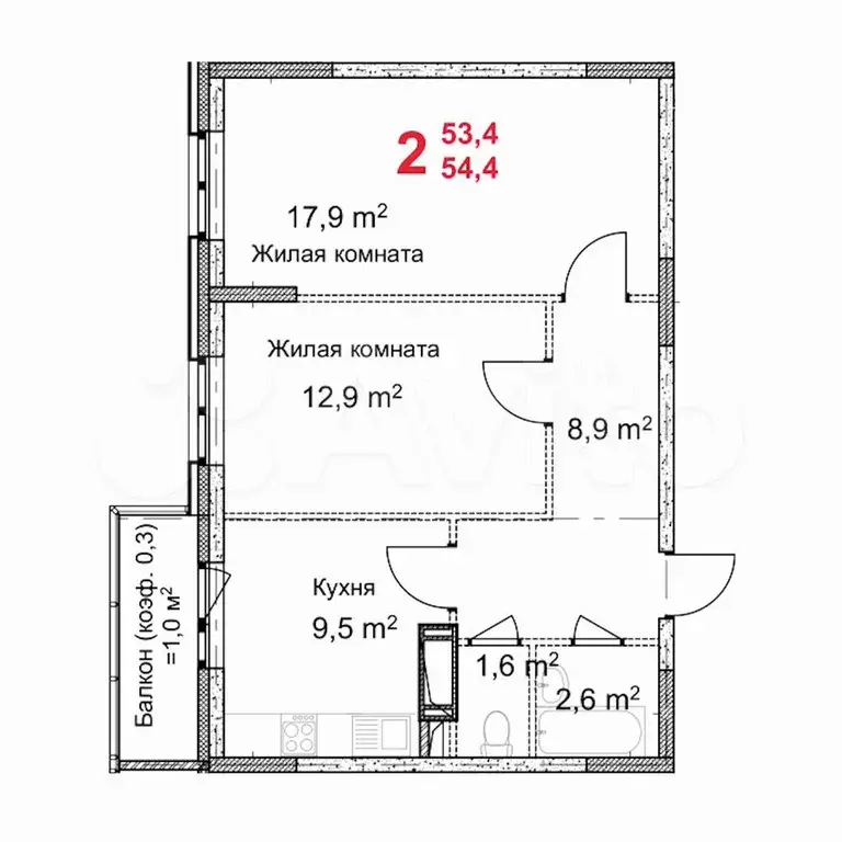2-к. квартира, 54,4 м, 17/17 эт. - Фото 0