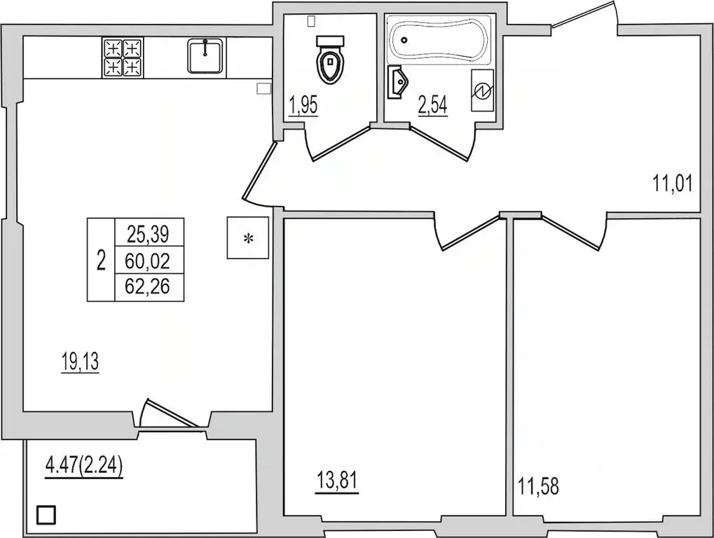 2-к кв. Псковская область, Псков Рижский просп., 94Г (62.26 м) - Фото 1