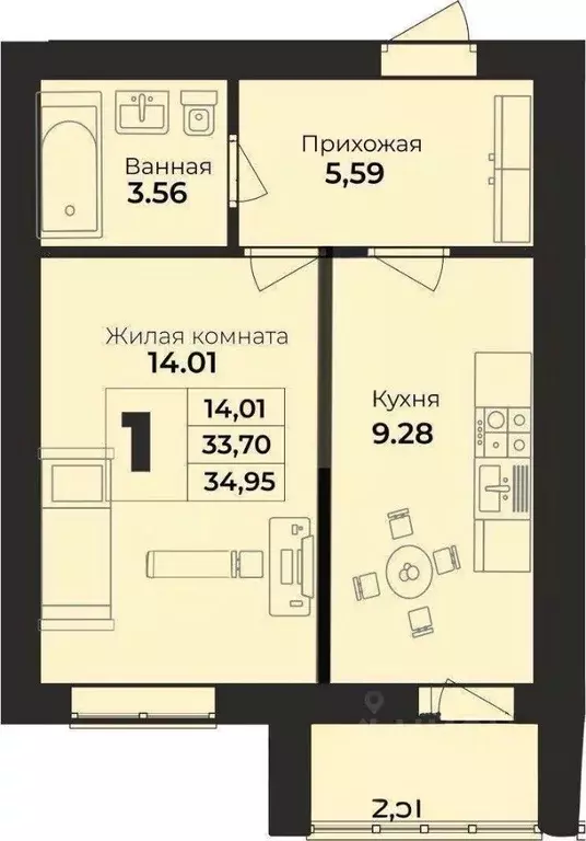 1-к кв. Калининградская область, Балтийск Базарный пер., 3 (34.95 м) - Фото 2
