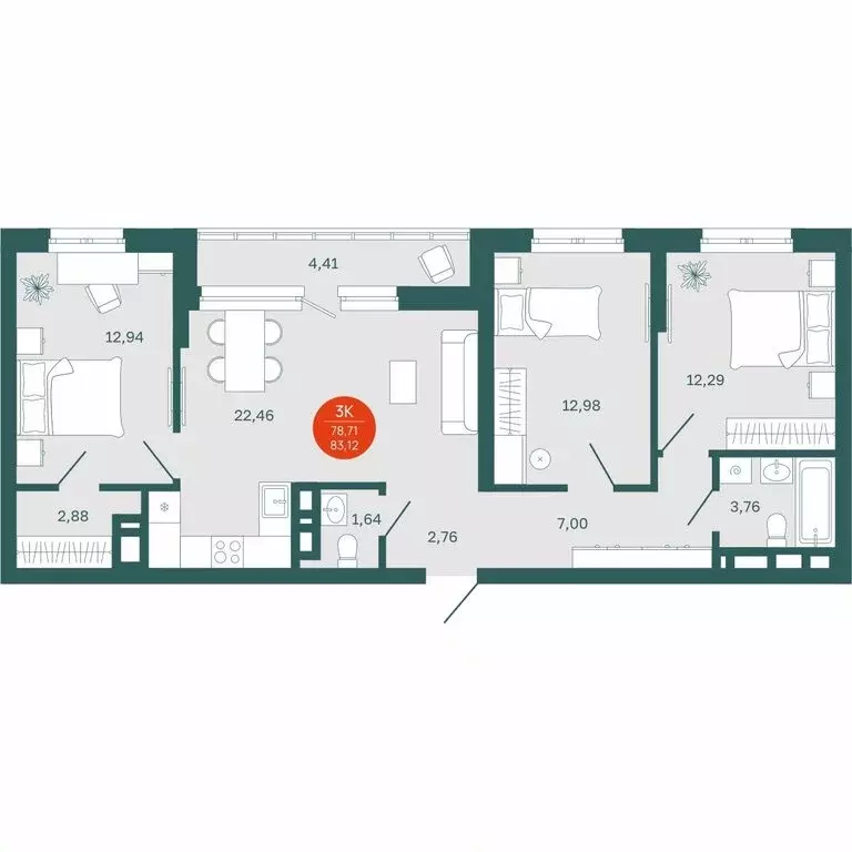 3-комнатная квартира: Тюмень, Одесская улица, 7к3 (80.91 м) - Фото 0