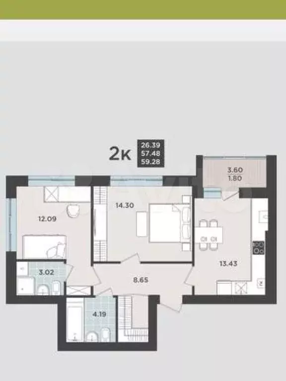 2-к. квартира, 57,5 м, 3/9 эт. - Фото 1