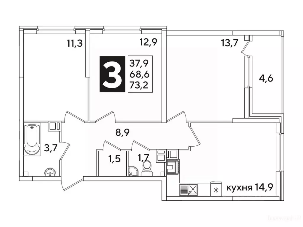 3-к кв. Краснодарский край, Краснодар Самолет-6 жилой комплекс (73.2 ... - Фото 1