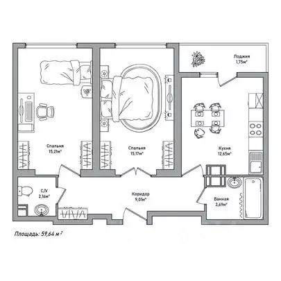 2-к кв. Ярославская область, Ярославль 2-й мкр,  (59.64 м) - Фото 1
