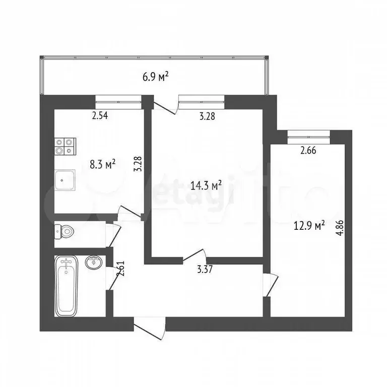 2-к. квартира, 46,9 м, 6/9 эт. - Фото 0