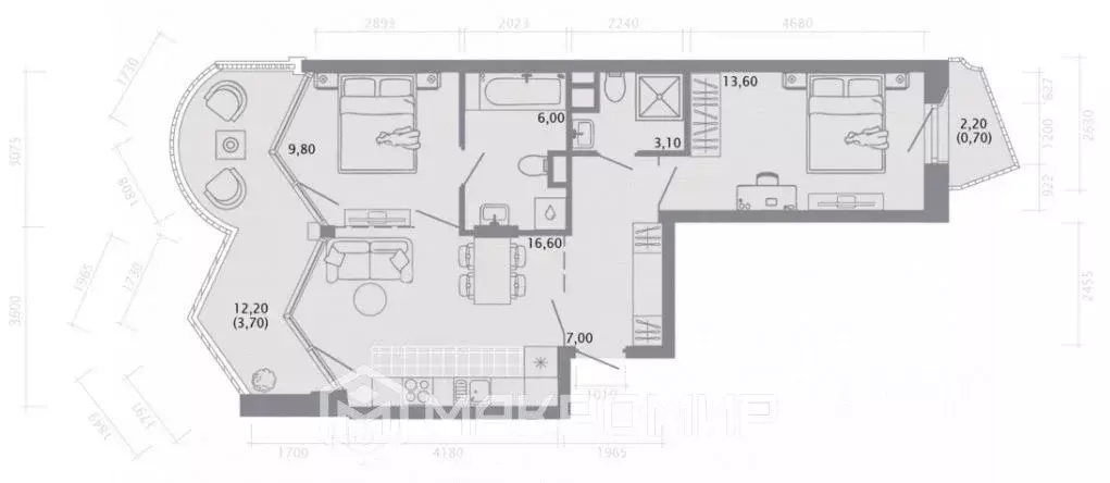 2-к кв. Татарстан, Казань ул. Калинина, 1Б (60.5 м) - Фото 2