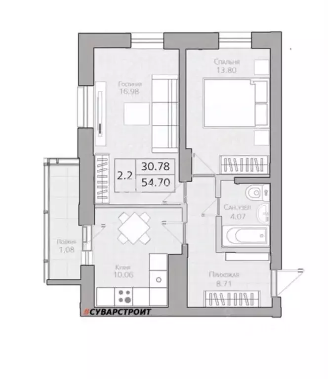 2-к кв. Татарстан, Казань ул. Рауиса Гареева, 107 (53.1 м) - Фото 2