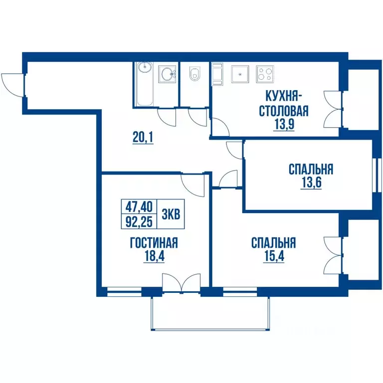 3-к кв. Санкт-Петербург Днепропетровская ул., 7 (92.25 м) - Фото 1