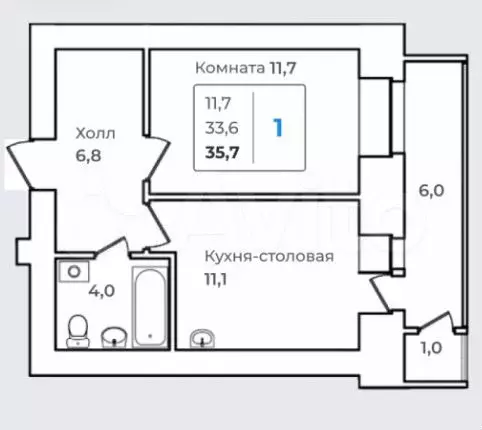 1-к. квартира, 35,7 м, 12/14 эт. - Фото 0