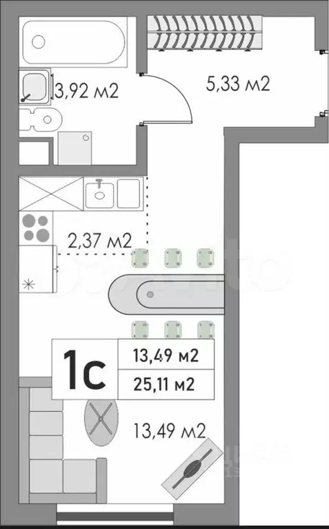 Квартира-студия, 25,1 м, 6/8 эт. - Фото 0