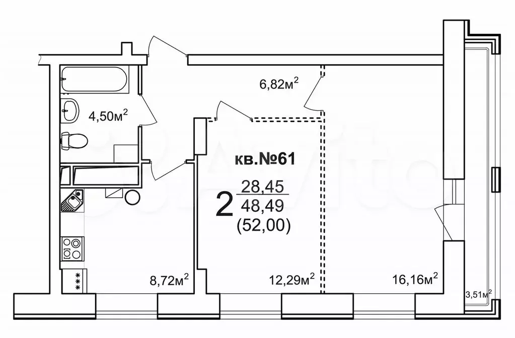 2-к. квартира, 52 м, 5/5 эт. - Фото 0
