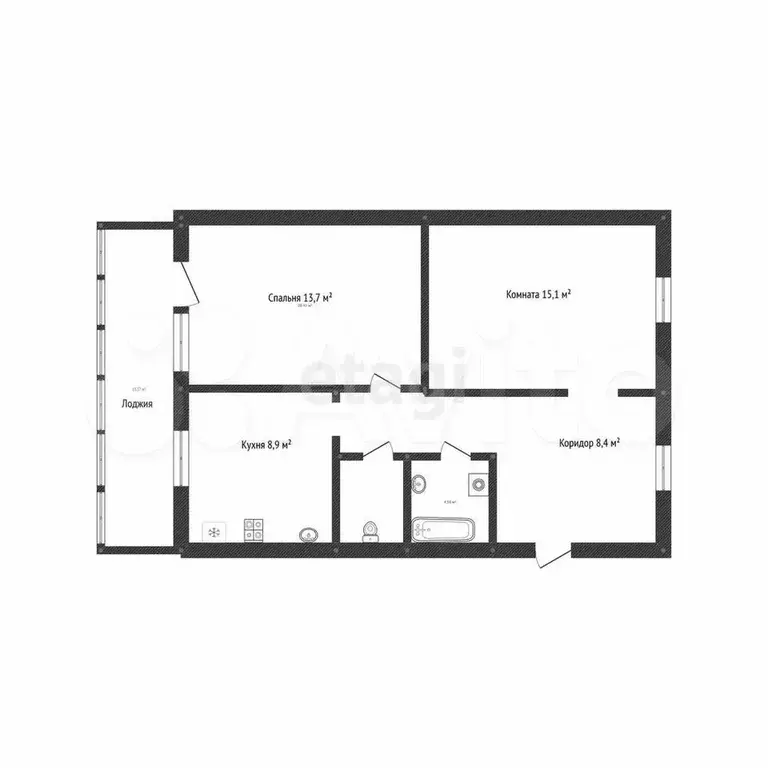 2-к. квартира, 50,6 м, 1/9 эт. - Фото 0