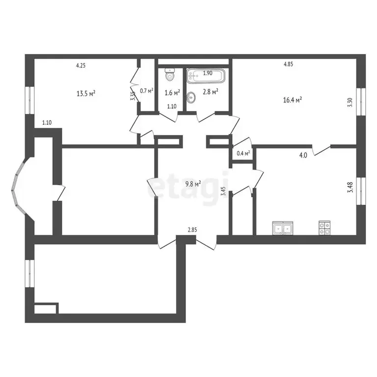 Квартира, 4 комнаты, 95.4 м - Фото 1