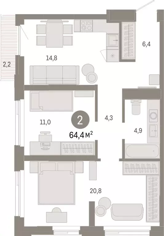 2-комнатная квартира: Тюмень, жилой комплекс Зарека (64.41 м) - Фото 1