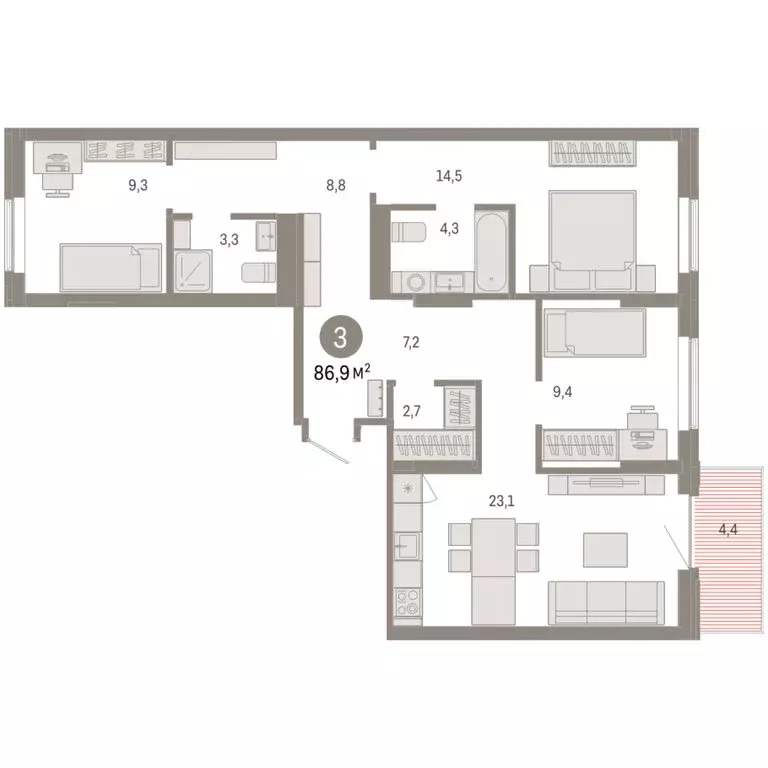 3-комнатная квартира: Омск, Кировский округ (86.89 м) - Фото 1