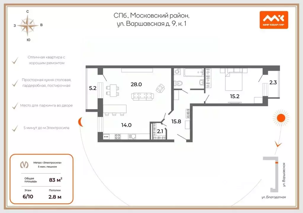 2-к кв. Санкт-Петербург Варшавская ул., 9к1 (83.0 м) - Фото 2