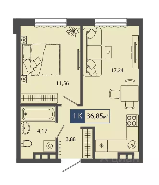 1-к кв. Тюменская область, Тюмень ул. Василия Севергина (36.85 м) - Фото 0