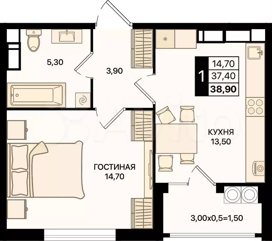 1-к. квартира, 38,9 м, 14/18 эт. - Фото 0