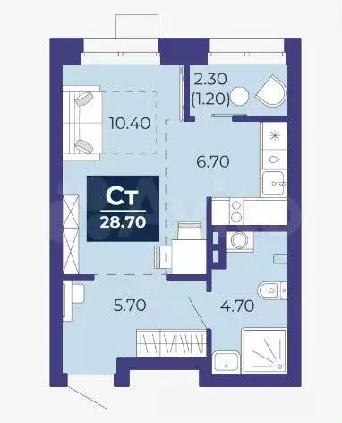 Квартира-студия, 28,7 м, 2/15 эт. - Фото 1