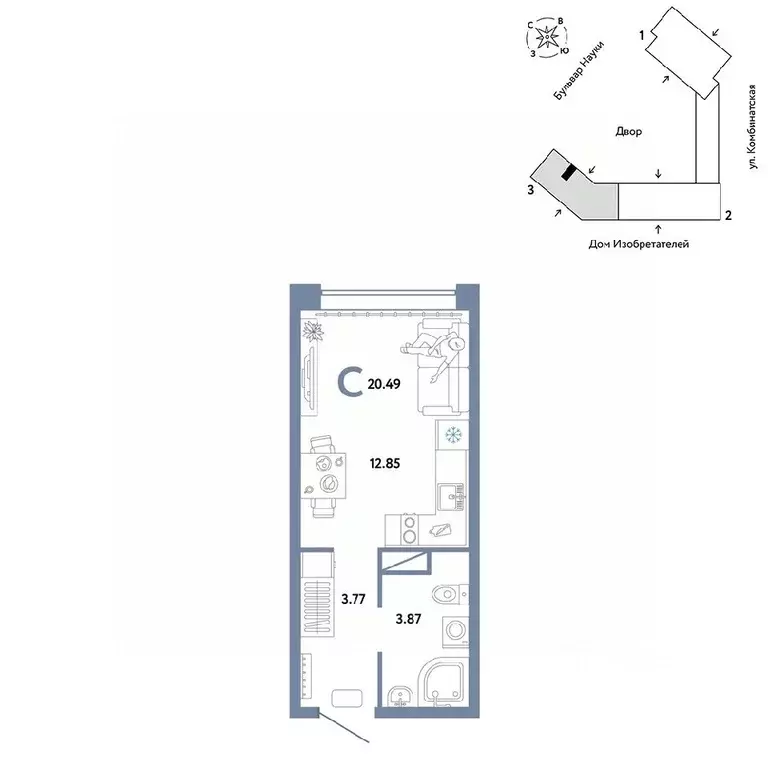 Студия Тюменская область, Тюмень Комбинатская ул., 16к1 (20.49 м) - Фото 0