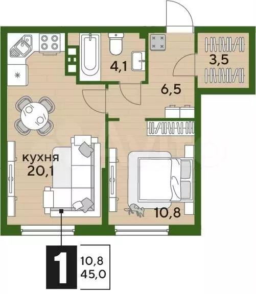 1-к. квартира, 45м, 7/16эт. - Фото 1