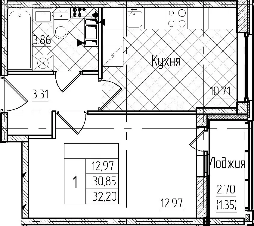 1-комнатная квартира: Санкт-Петербург, Кубинская улица, 82к3с1 (32.2 ... - Фото 0