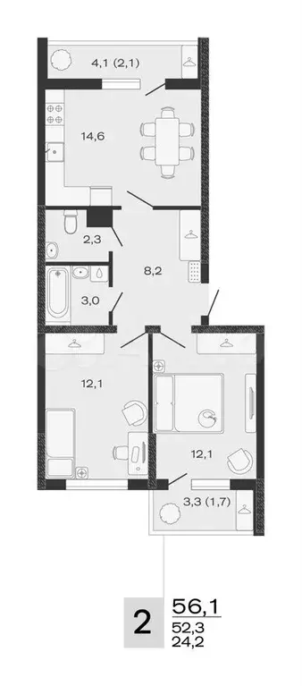 2-к. квартира, 56,1 м, 4/4 эт. - Фото 0