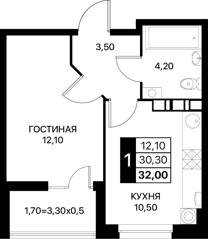 1-к квартира, 32 м - Фото 0