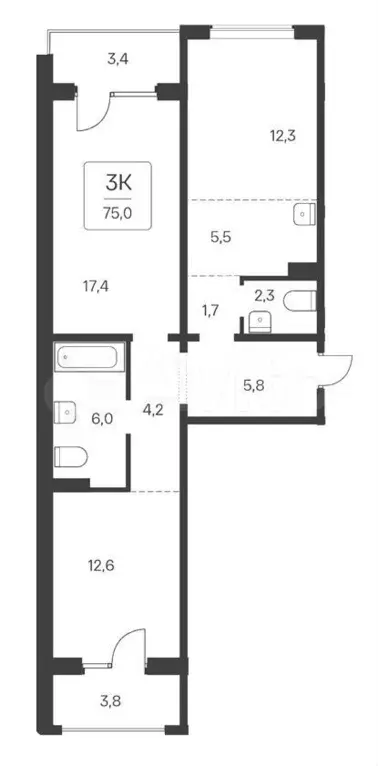 3-к. квартира, 75 м, 5/17 эт. - Фото 0