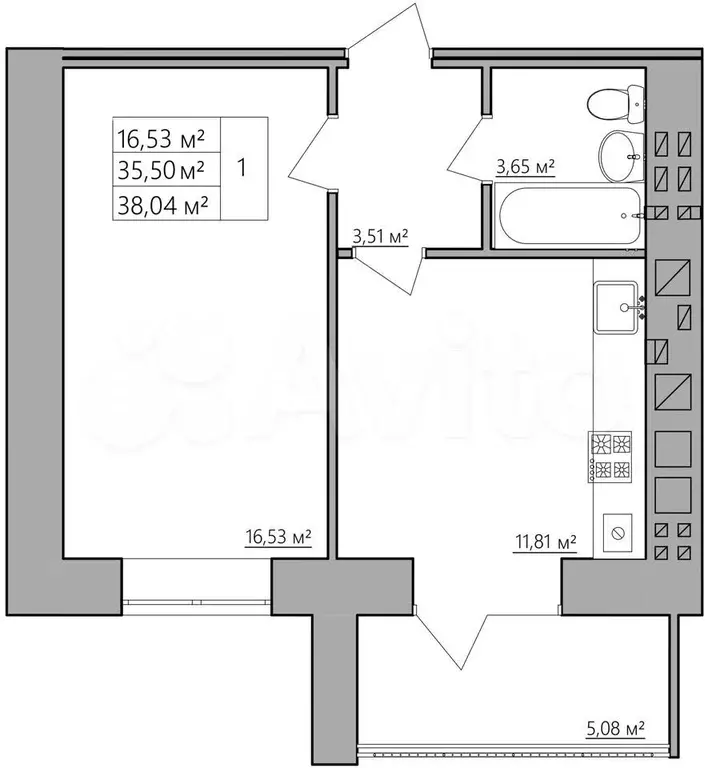 1-к. квартира, 38 м, 3/8 эт. - Фото 0