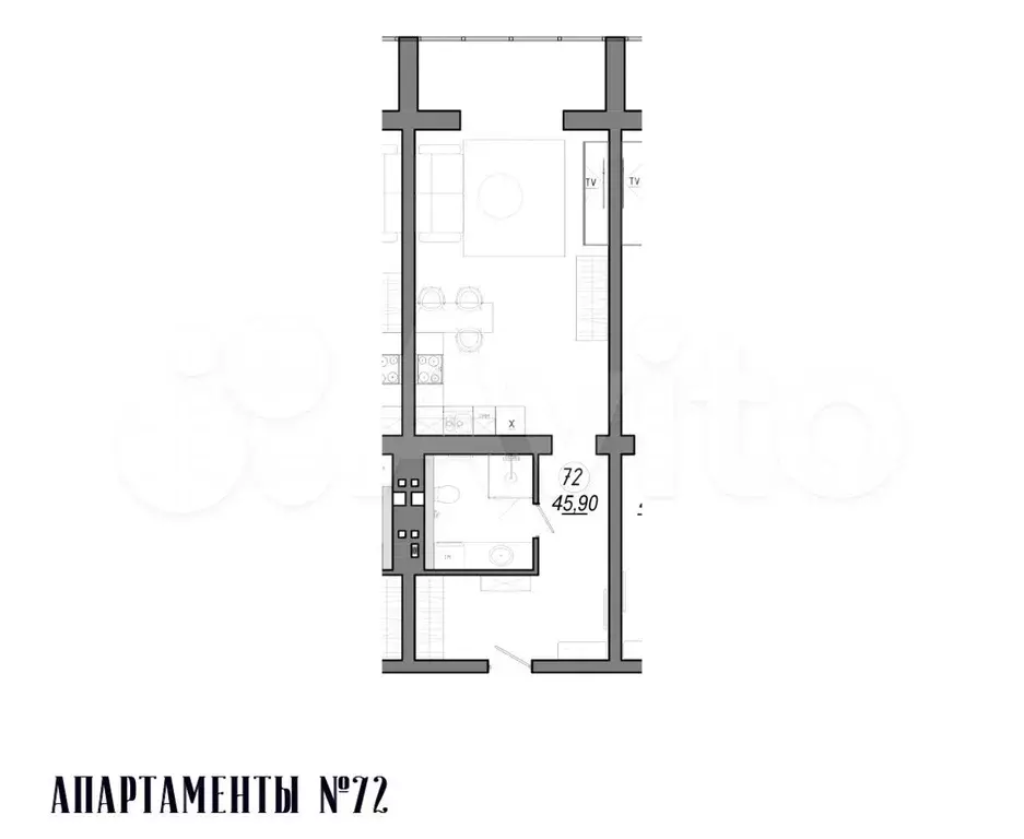 Апартаменты-студия, 46 м, 4/5 эт. - Фото 1