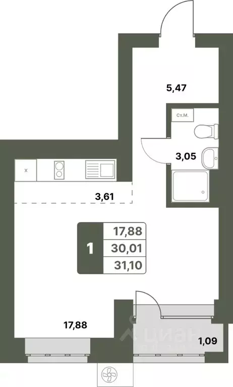 1-к кв. Башкортостан, Уфимский район, с. Миловка  (31.1 м) - Фото 0