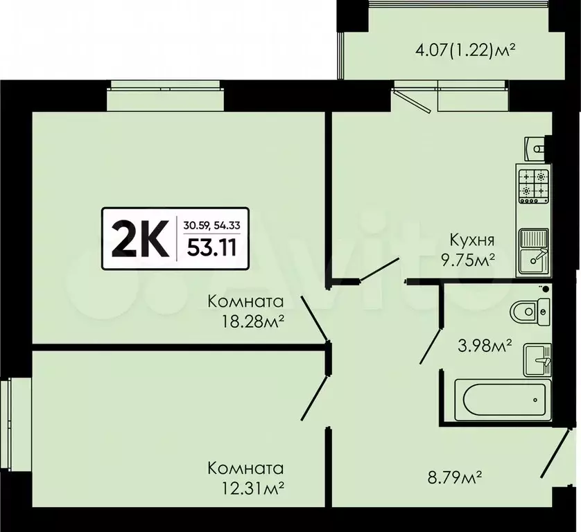 2-к. квартира, 53,1 м, 2/4 эт. - Фото 0