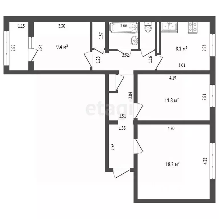 3-к кв. Кемеровская область, Новокузнецк просп. Авиаторов, 91 (66.9 м) - Фото 2