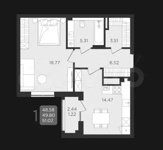 1-к. квартира, 49,8 м, 2/9 эт. - Фото 1