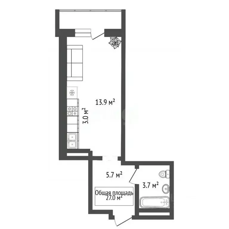 Студия Новосибирская область, Новосибирск ул. Ясный Берег, 10 (27.0 м) - Фото 2