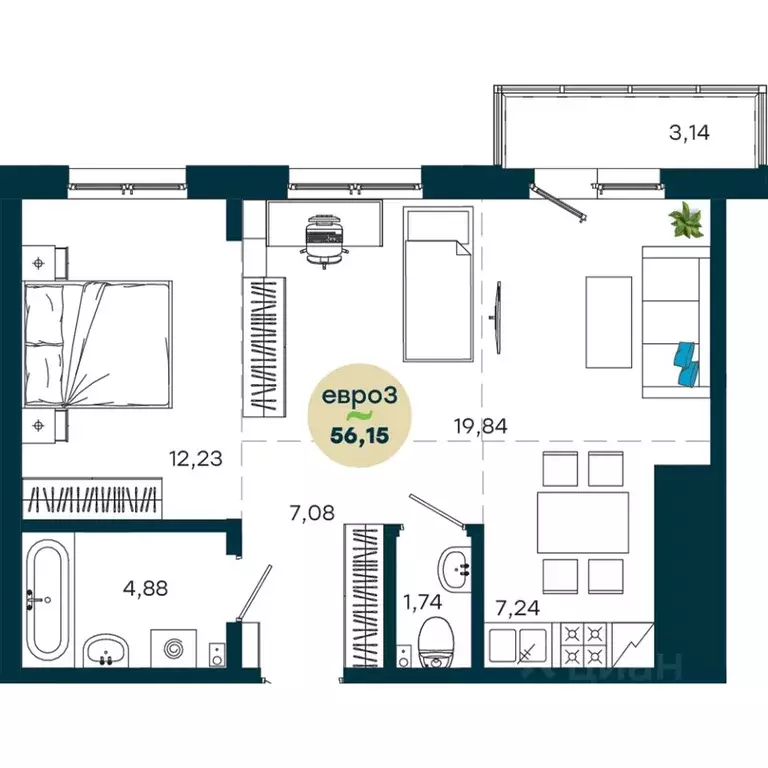 2-к кв. Иркутская область, Иркутск ул. Безбокова, 7А (56.15 м) - Фото 1