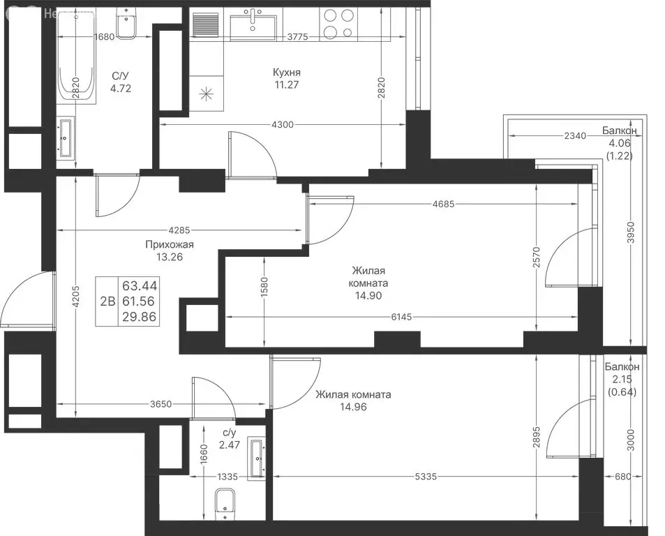 2-комнатная квартира: Казань, ЖК Мой Ритм, ПК14 (63.44 м) - Фото 1