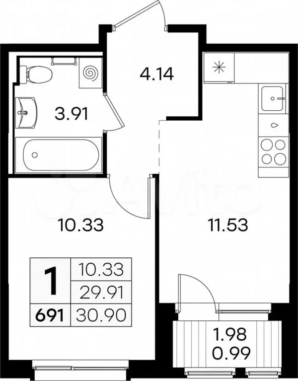1-к. квартира, 30,9 м, 7/9 эт. - Фото 0