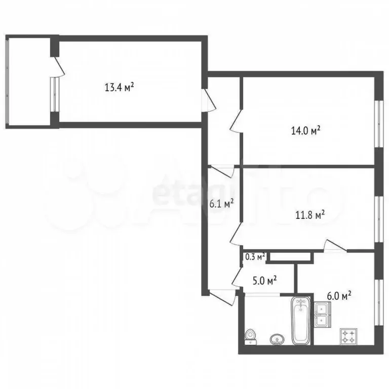 3-к. квартира, 59 м, 6/9 эт. - Фото 0