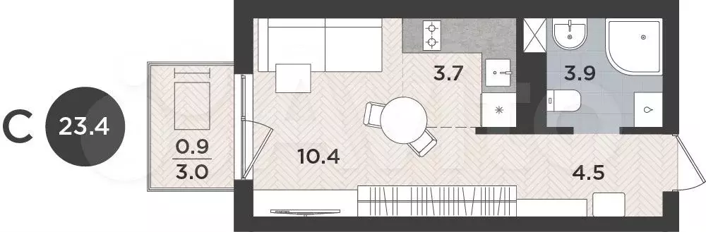 Квартира-студия, 23,4 м, 4/9 эт. - Фото 0