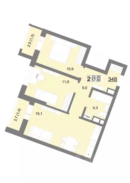 2-к кв. Свердловская область, Екатеринбург ул. Металлургов, 63/1 (57.6 ... - Фото 1