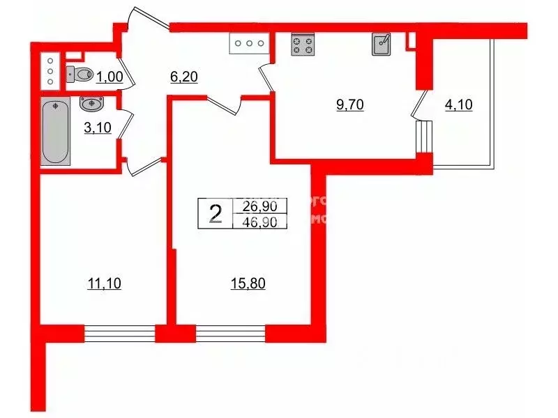 2-к кв. Санкт-Петербург просп. Буденного, 19к2 (46.9 м) - Фото 1