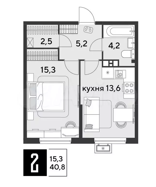 1-к. квартира, 40,8 м, 8/9 эт. - Фото 1