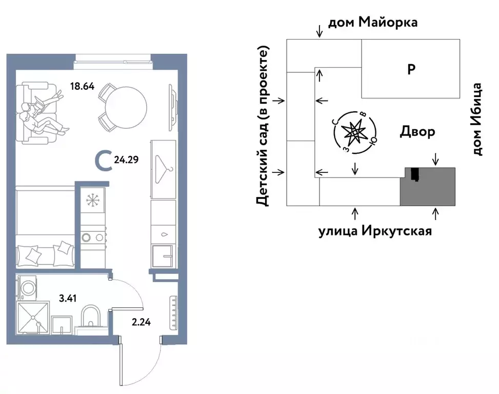 Студия Тюменская область, Тюмень ДОК мкр, ул. Ярославская (24.29 м) - Фото 0