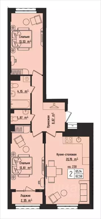 2-к кв. Нижегородская область, Нижний Новгород Литературная ул., 5 ... - Фото 1