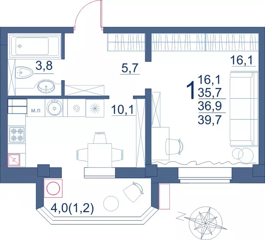 1-комнатная квартира: Ессентуки, улица Шмидта, 80/2с (39.7 м) - Фото 0