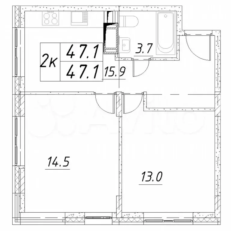 2-к. квартира, 47,1 м, 7/16 эт. - Фото 0